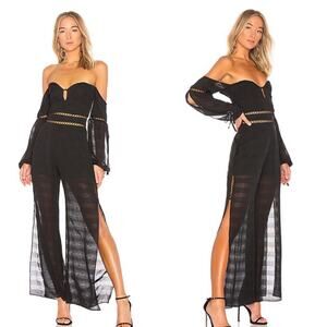 Elliatt Aura Off Shoulder Black Jumpsuit Medium NWT Sheer Sleeve Wide Leg